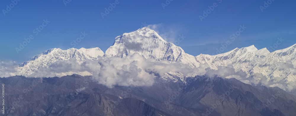 Fototapeta premium Mountain landscape panoramic view with blue sky