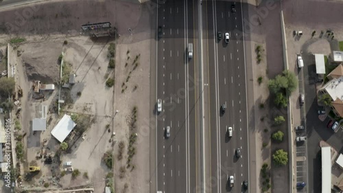 Aerial Drone View of Highway I-10 in Phoenix Tempe Chandler Arizona on a sunny day showing highway and surrounding areas