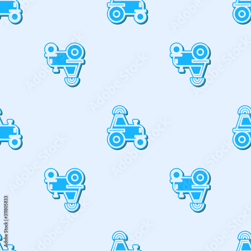 Blue line Self driving wireless tractor on a smart farm icon isolated seamless pattern on grey background. Smart agriculture implement element. Vector Illustration