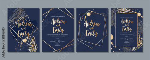 Wedding invitation card with abstract navy blue background, gold geometric frame and tropical leaves