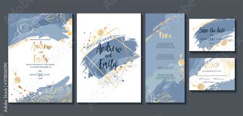 Wedding invitation card with abstract brush blue background, gold geometric frame and roses. Menu card, Save the Date and RSVP card templates