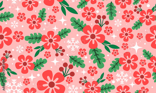 Christmas floral pattern background  with unique red flower.
