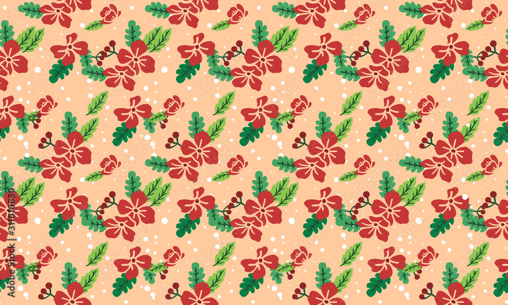 Leaf and flower style element template, seamless Christmas floral pattern background.