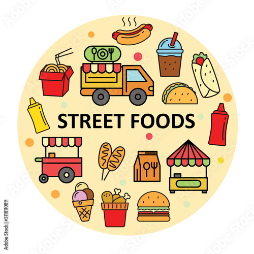 Street foods vector illustration in circle. Cute design street foods concept vector illustration. Food truck vector 