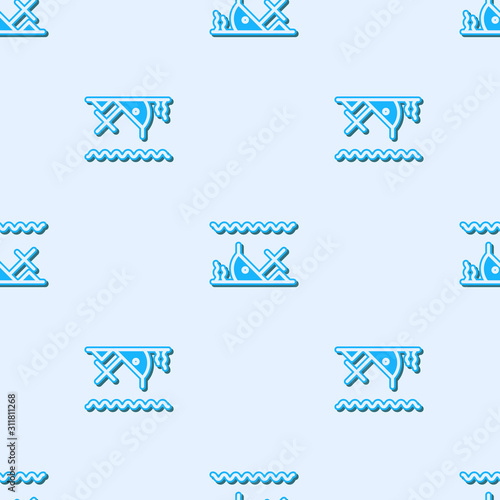 Blue line Sunken ship at the bottom of the sea icon isolated seamless pattern on grey background. Vector Illustration