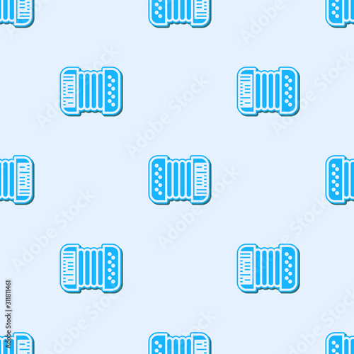 Blue line Musical instrument accordion icon isolated seamless pattern on grey background. Classical bayan, harmonic. Vector Illustration