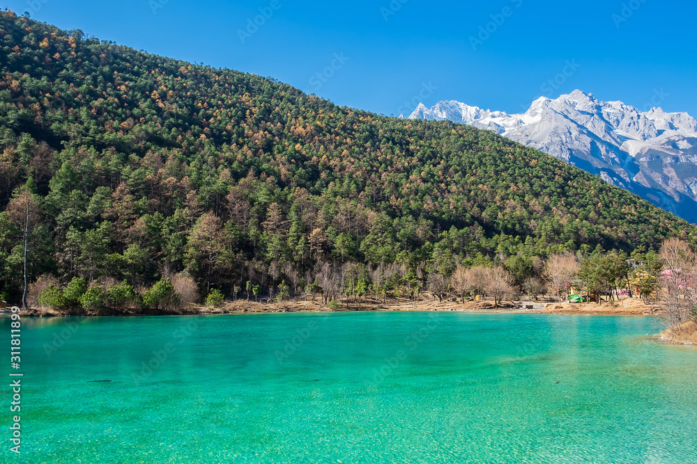 Beautiful of Blue Moon Valley, landmark and popular spot for tourists attractions inside the Jade Dragon Snow Mountain (Yulong) Scenic Area, near Lijiang Old Town. Lijiang, Yunnan, China