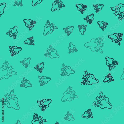 Black line Runny nose icon isolated seamless pattern on green background. Rhinitis symptoms, treatment. Nose and sneezing. Nasal diseases. Vector Illustration