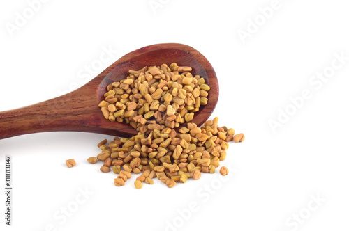 Fenugreek seeds in wooden spoon isolated on white background photo