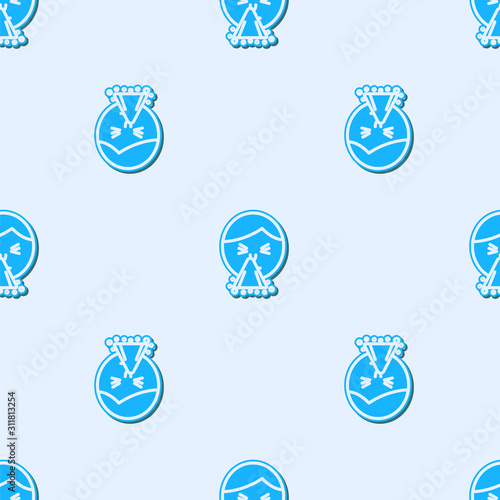 Blue line Man holding handkerchief or napkin to his runny nose icon isolated seamless pattern on grey background. Coryza desease symptoms. Vector Illustration