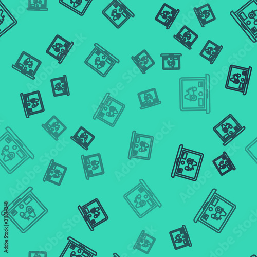 Black line Laptop application for control a autonomous tractor on a smart farm icon isolated seamless pattern on green background. Smart agriculture implement. Vector Illustration