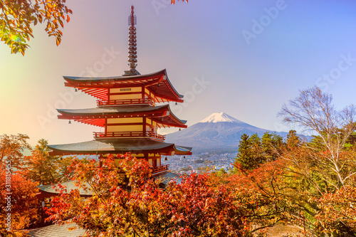  Fuji mountain and  traditional Chureito Pagoda Shrine from the hilltop in autumn, Japan