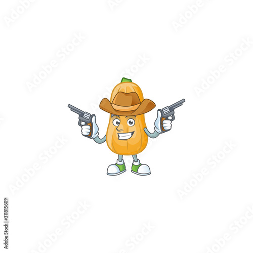 Smiling butternut squash mascot icon as a Cowboy holding guns