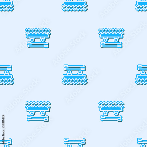 Blue line Boat with oars and people icon isolated seamless pattern on grey background. Water sports, extreme sports, holiday, vacation, team building. Vector Illustration