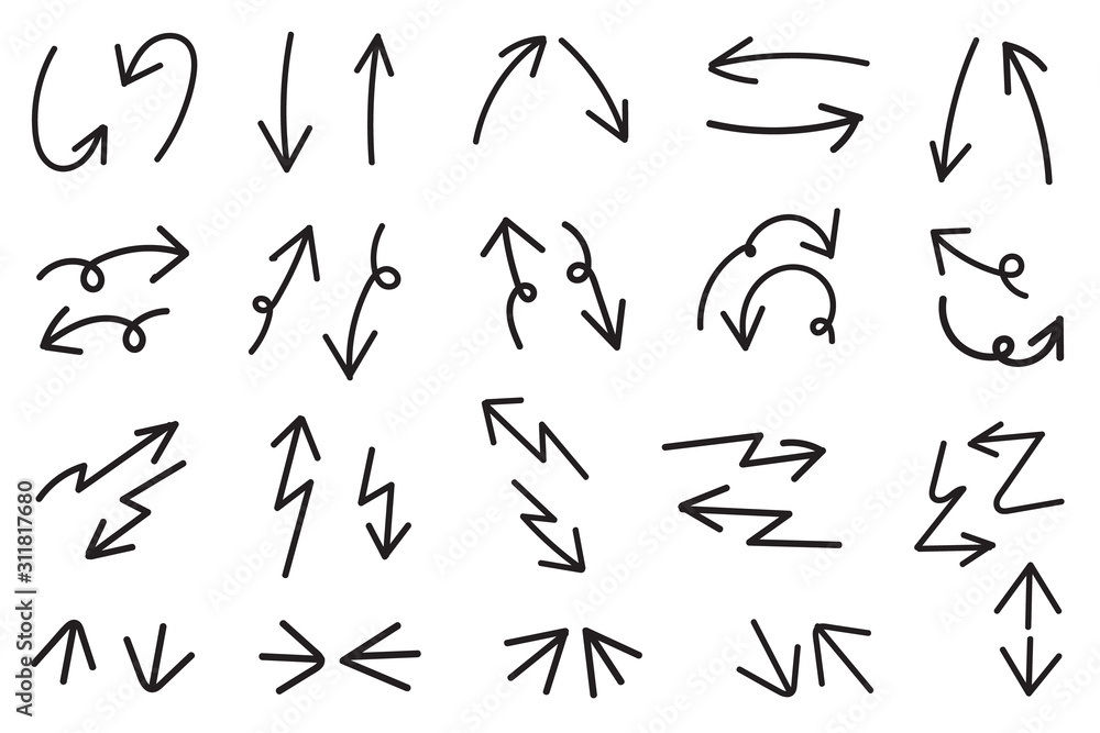 Hand drawn arrow vector icons set. sketch arrow design for business plan and education.