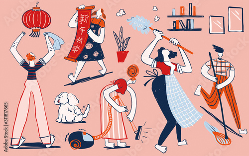 Family doing spring cleaning