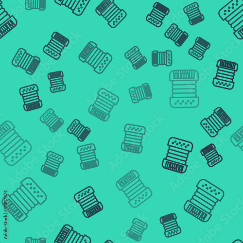Black line Musical instrument accordion icon isolated seamless pattern on green background. Classical bayan, harmonic. Vector Illustration