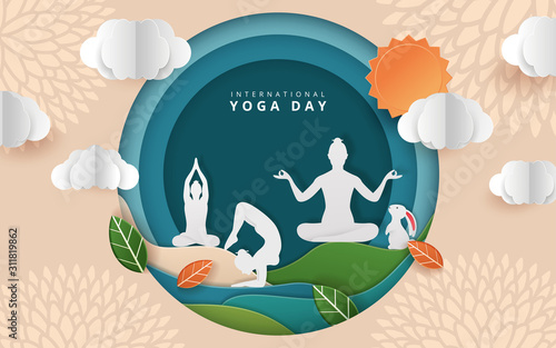 Illustration Of International Yoga Day. paper cut yoga body posture. Vector illustration