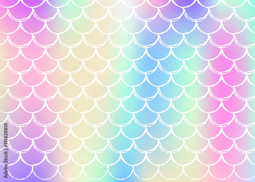 Gradient scale background with holographic mermaid. Bright color transitions. Fish tail banner and invitation. Underwater and sea pattern for girlie party. Rainbow backdrop with gradient scale. Gradient scale background with holographic mermaid. Bright color transitions. Fish tail banner and invitation. Underwater and sea pattern for girlie party. Rainbow backdrop with gradient scale.