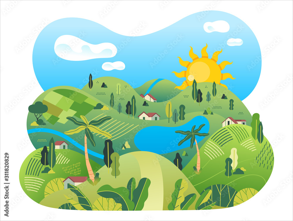 nature landscape of countryside with rice field, houses, lake, trees and beautiful scenery vector illustration
