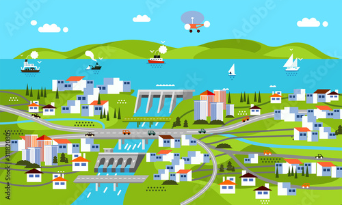 modern flat design of landscape with dam, mountain, sea, river, building, houses, ship and other