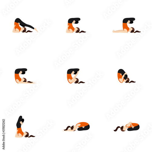 Yoga asanas set shoulderstand and plow with lotus/ Illustration stylized woman practicing padmasana in sarvangasana, halasana