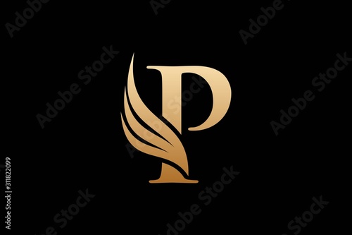 Initial letter P logo and wings symbol. Wings design element,  initial Letter P logo Icon, Initial Logo Template photo