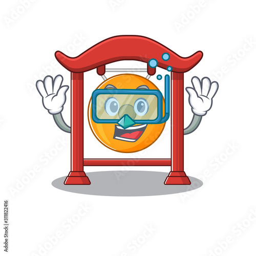 cartoon Mascot featuring chinese gong Scroll wearing Diving glasses