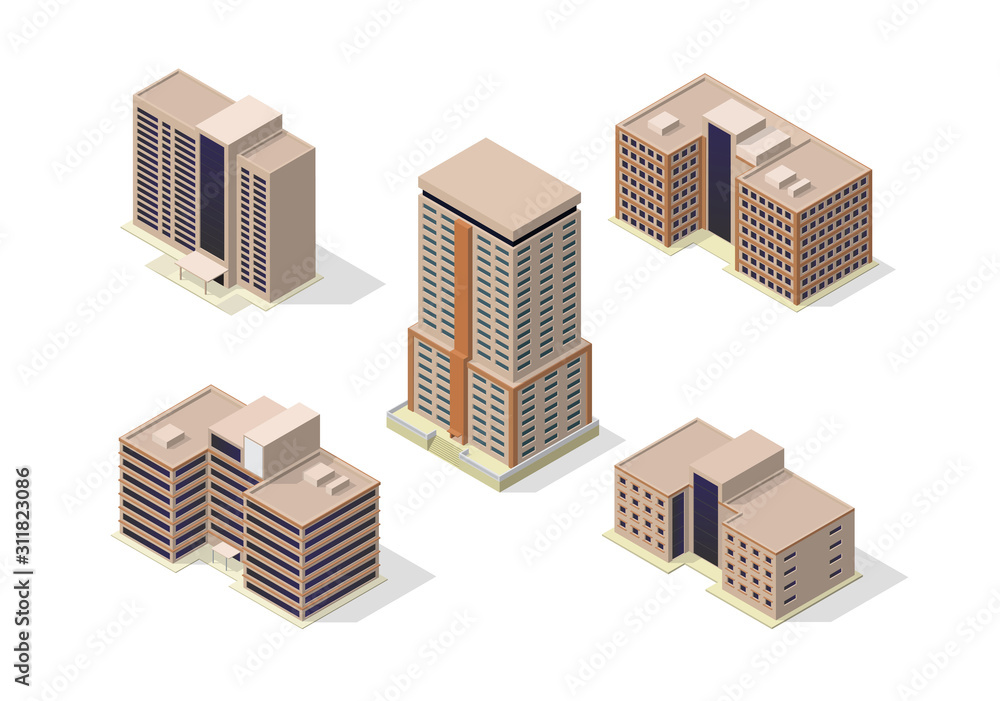 isometric city skyscrapers buildings icon set isometric city skyscrapers buildings icon set