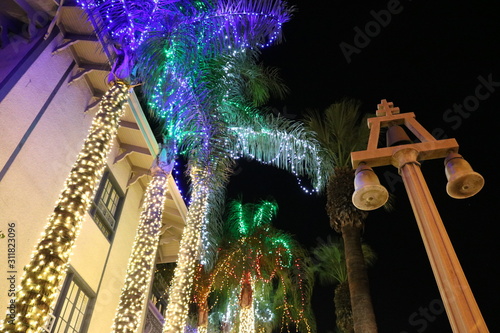 Christmas light display at the Mission Inn in Riverside, street light post from the sidewalk