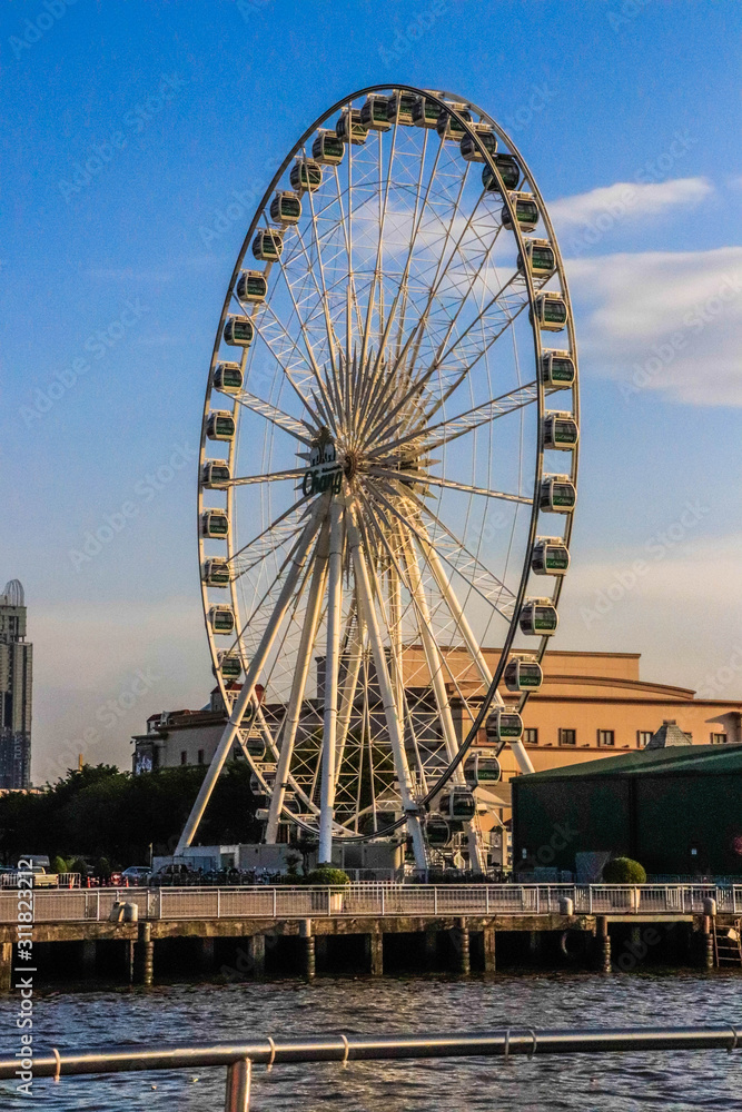 A beautiful view of Asiatique Riverfront Park in Bangkok, Thailand.