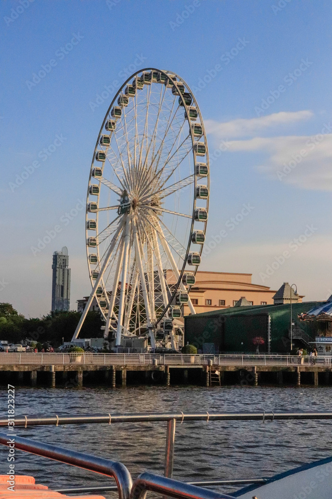 A beautiful view of Asiatique Riverfront Park in Bangkok, Thailand.