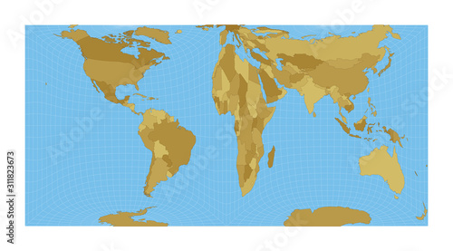 World Map. Gringorten square equal-area projection. Map of the world with meridians on blue background. Vector illustration.