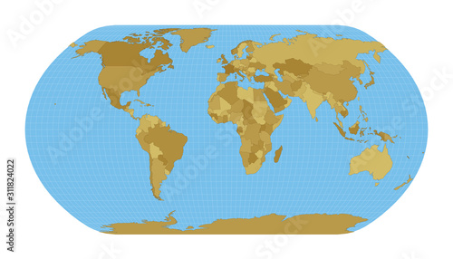 World Map. Natural Earth projection. Map of the world with meridians on blue background. Vector illustration.
