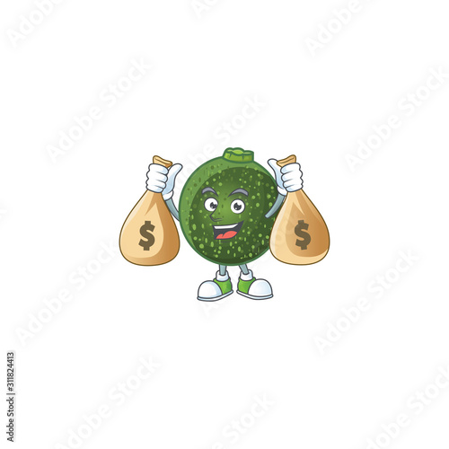 Happy gem squash cartoon character with two money bags