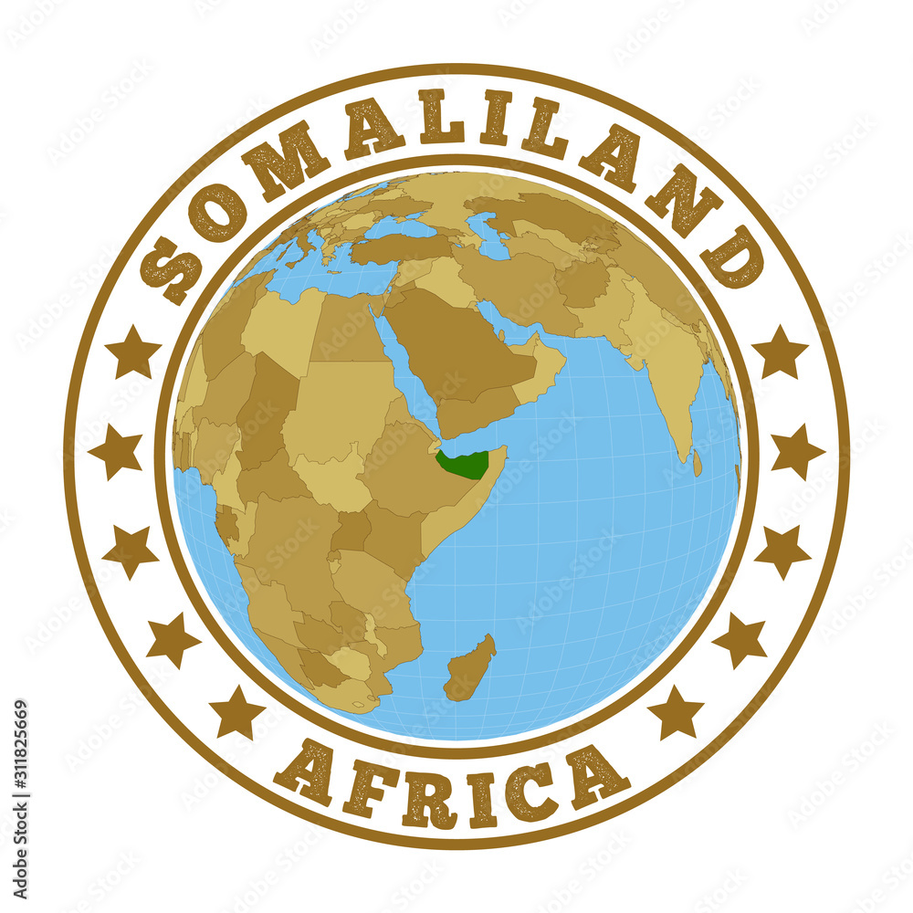 Somaliland logo. Round badge of country with map of Somaliland in world context. Country sticker stamp with globe map and round text. Vector illustration.