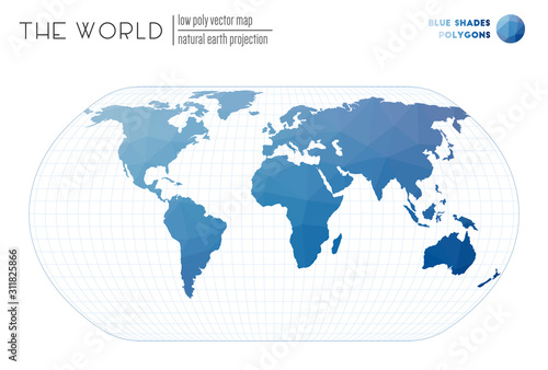Polygonal map of the world. Natural Earth projection of the world. Blue Shades colored polygons. Elegant vector illustration.