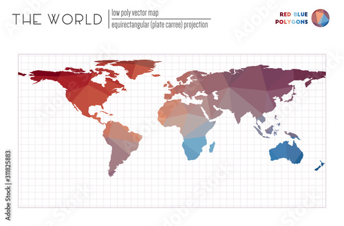 Polygonal world map. Equirectangular  plate carree  projection of the world. Red Blue colored polygons. Energetic vector illustration.