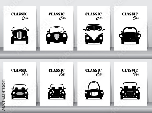 Set of silhouette classic car front view icon vector illustrations,vintage,old