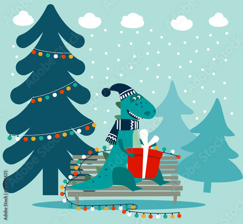 Cute winter holiday illustration with funny dinosaur. Christmas and New Year vector card
