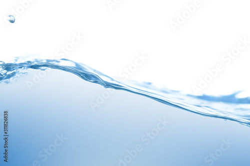 Water splash. Aqua flowing in waves and creating bubbles. Drops on the water surface feel fresh and clean. isolated on white background.