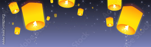 Sky lanterns floating in night sky. Cartoon style. Vector illustration.