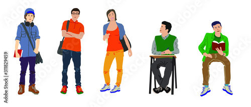 Vector drawing of a group of students, several students standing and sitting. For illustration design.