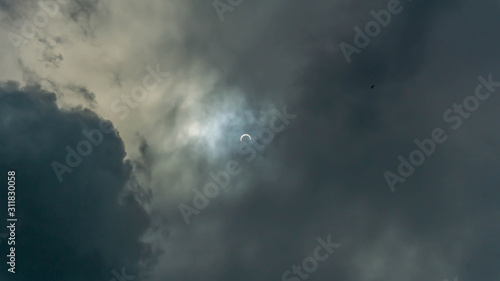 The annular "Ring of Fire" partial solar eclipse 2019 on the dark sky.