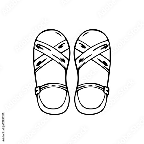 Single hand drawn women's shoes slippers, isolated on white background. Doodle, simple outline illustration.