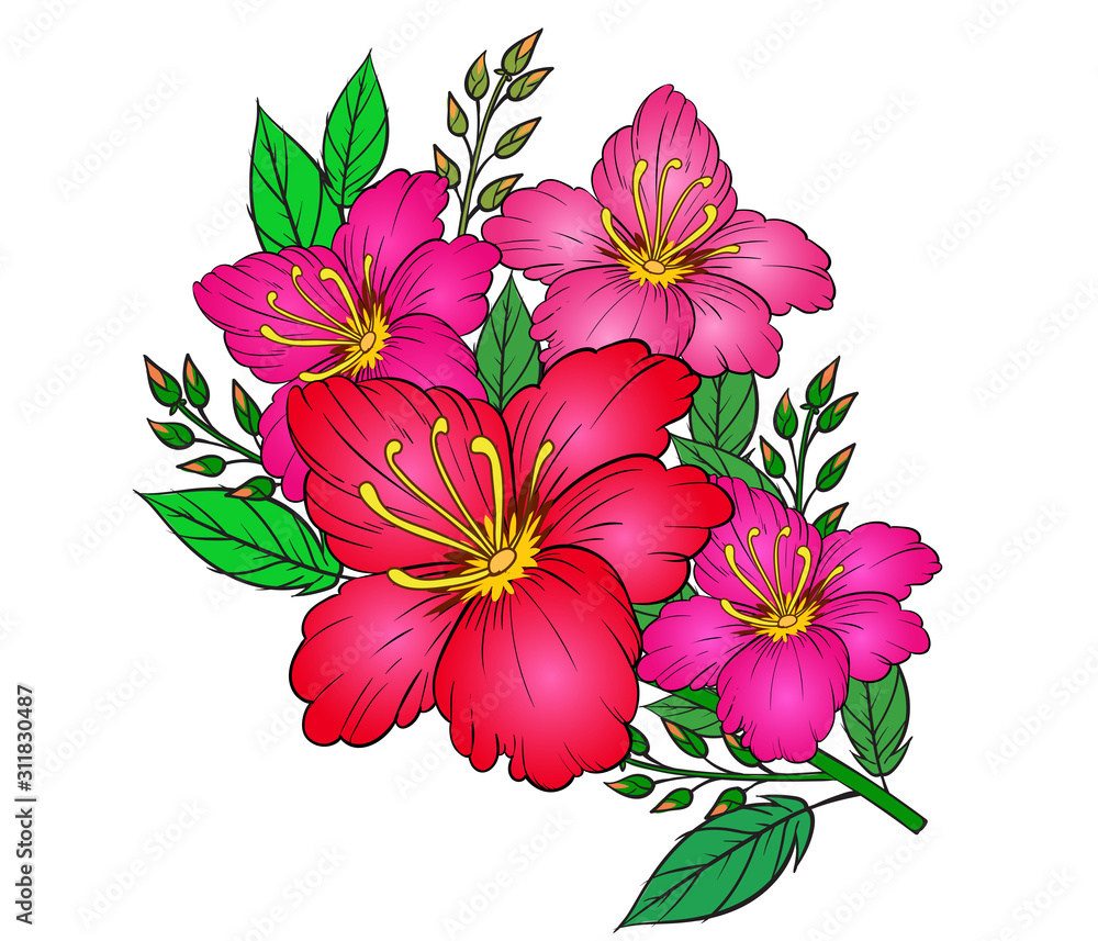 Obraz premium Art of nature, A bouquet of colorful flowers on a white background. hand drawn style vector design illustrations.