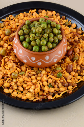 Indian Snack : Mixture and Spiced fried green peas {chatpata matar}. photo