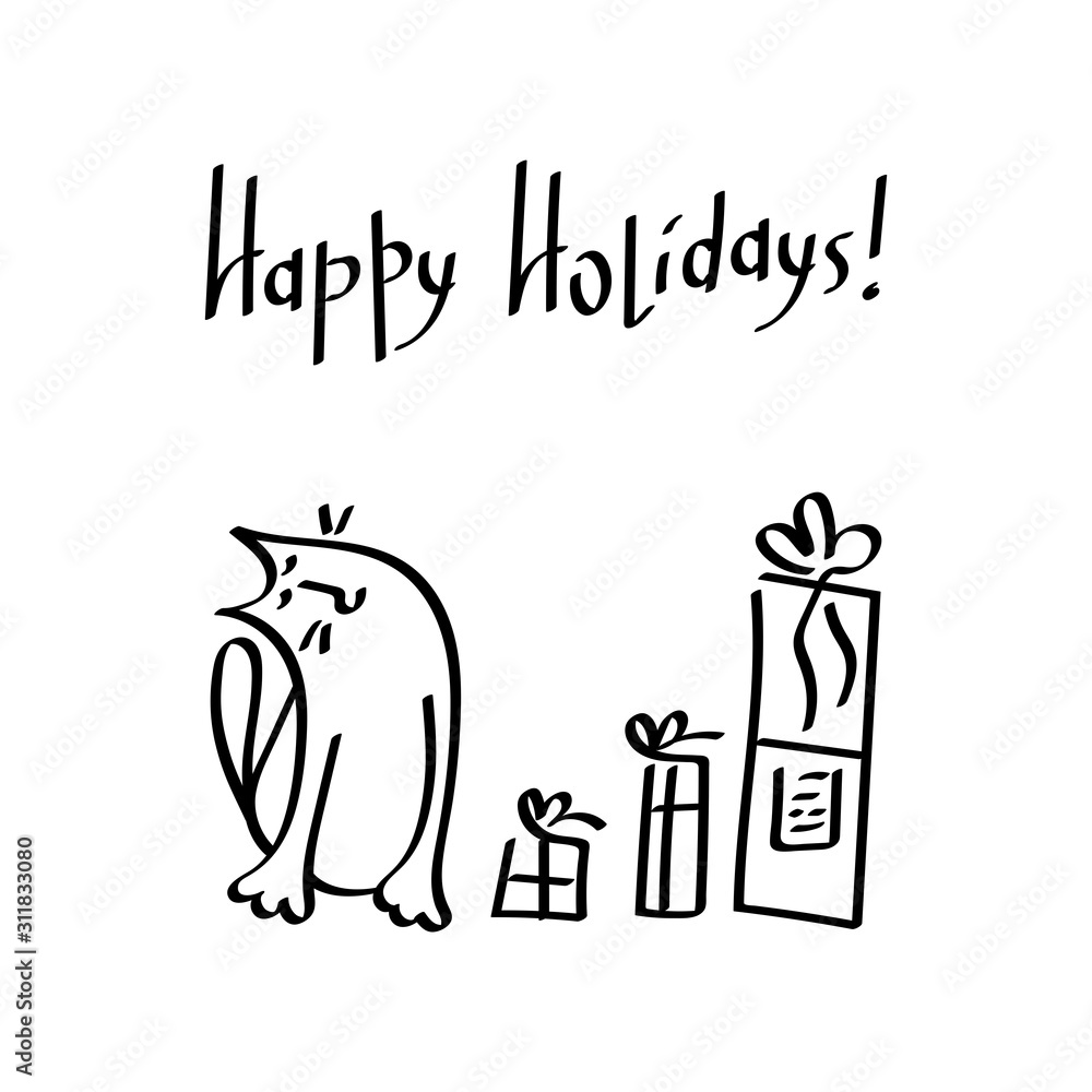 Cute cat and gift boxes. Doodle style cartoon. Happy holiday, handwritten inscription, vector illustration, black and white Cute cat and gift boxes. Doodle style cartoon. Happy holiday, handwritten inscription, vector illustration, black and white