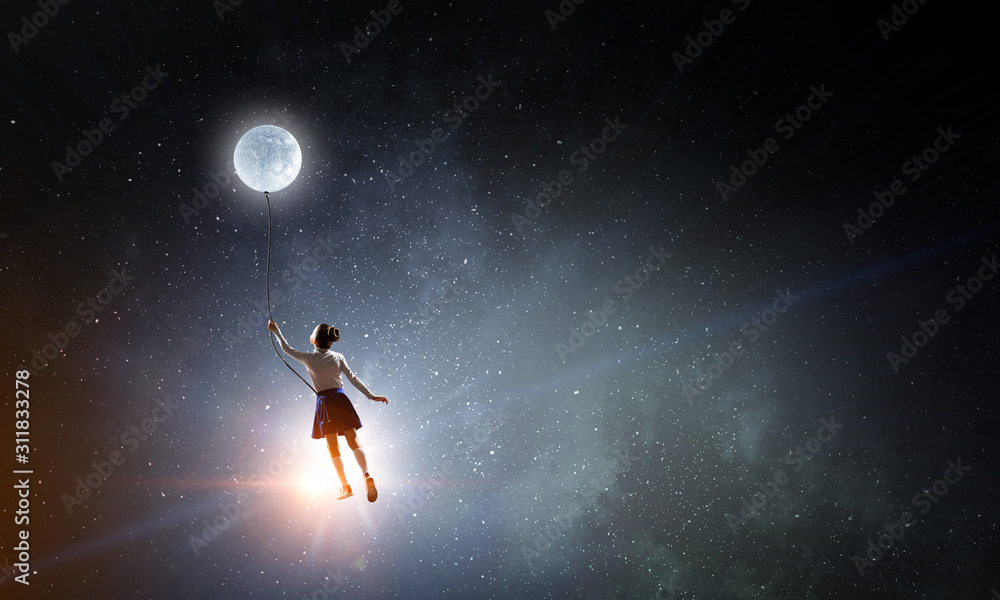 Kid girl catching moon. Mixed media