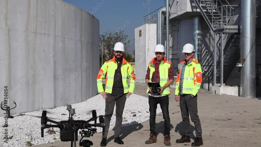 Industrial drone operators on work site Industrial drone operators on work site